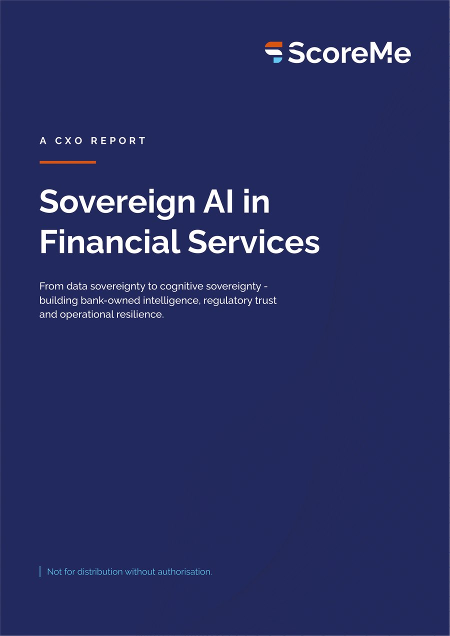 Cover of Sovereign AI in Financial Services, a CXO report by ScoreMe Solutions.